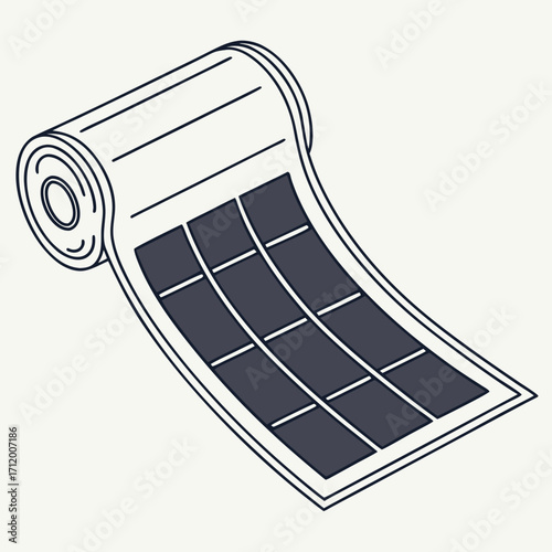 Flexible solar panel unrolling from a roll showing photovoltaic cells for renewable energy generation