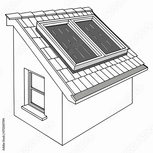 Illustration of a house roof with two modern skylights and a window on a slanted surface