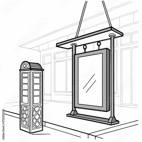 Illustration of a vintage telephone booth and a hanging advertising billboard on a city street
