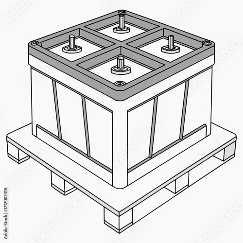 Isometric illustration of a four cell battery pack mounted on a wooden transport pallet for shipping