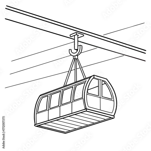 Line art drawing of a modern gondola cabin suspended from cables on a ski slope