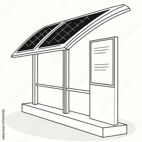Modern bus stop shelter with curved roof featuring solar panels and information display board
