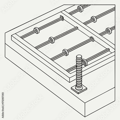 Isometric illustration of concrete reinforcement bars supported by rebar chairs and tied with wire for construction