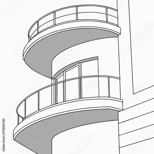 Modern art deco building balconies with curved lines and glass railings in a clean line drawing style