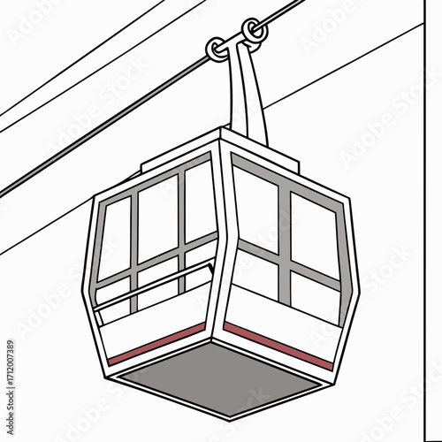 Modern gondola cable car cabin suspended on wire for aerial transportation and tourism