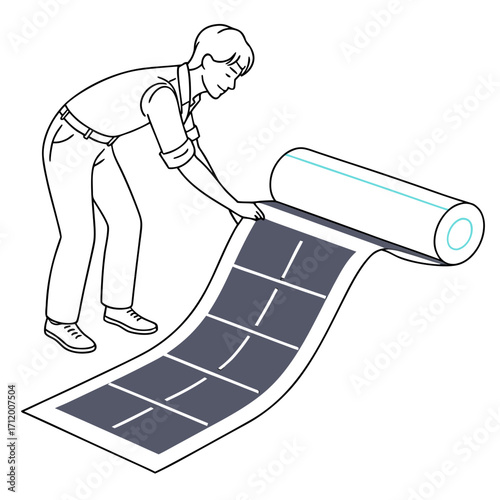 Person unrolling a large sheet with a grid pattern for installation or application