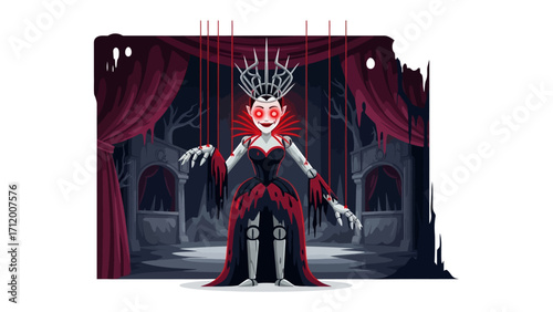 Crimson Puppet Queen: A chilling portrait of a gothic puppet queen, her ethereal presence and the unsettling scene of her performance, evoke a sense of macabre beauty.