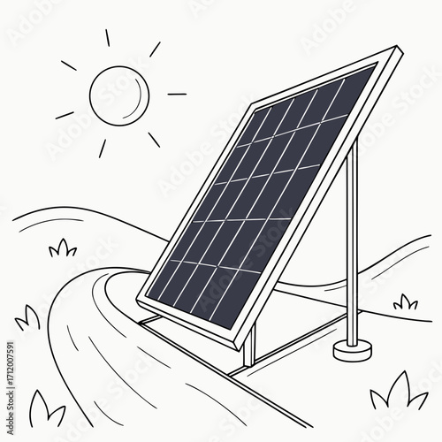Simple line drawing of a solar panel in a field under a bright sun with rolling hills and grass