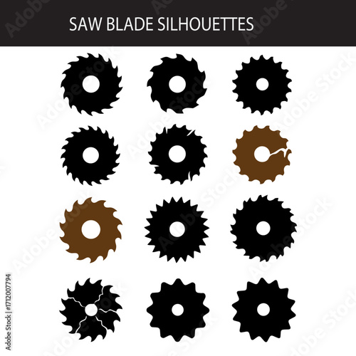 Circular saw blade silhouette vector icon set

