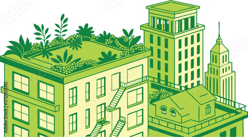 Sustainable city skyline with green rooftop gardens offering a fresh urban lifestyle feel