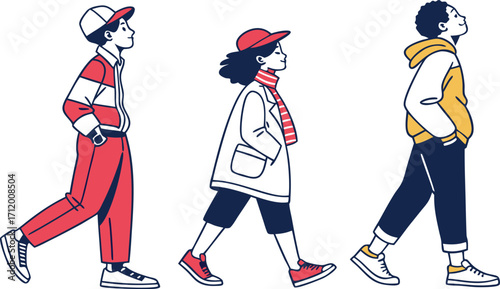Diverse group of stylish young people walking together with confidence and looking up at the future