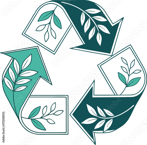 Recycling symbol enhanced with leaf accents signifying eco-friendly and sustainable practices