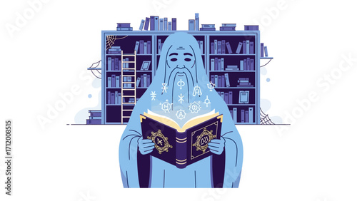 Wise Sage Unveiling Ancient Knowledge: A mystical sage, bathed in an ethereal glow, delves into the secrets within an ancient tome, with a vast library of knowledge as the backdrop.