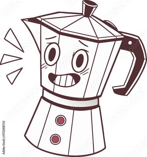 Charming moka pot cartoon character ready to brew delicious coffee, perfect for coffee lovers