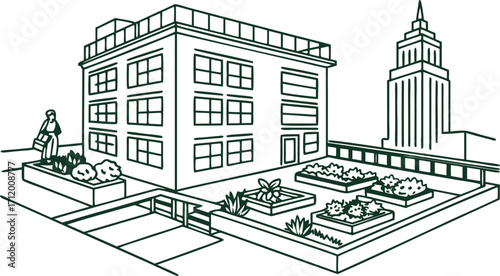 Urban gardening oasis rooftop farm concept with city skyline view, sustainable community lifestyle