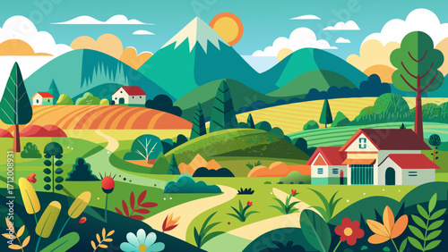 Idyllic countryside landscape with rolling hills, houses, and fields in summer