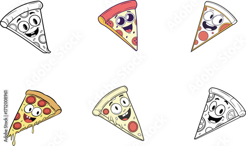 Cute pizza slices with cartoon faces, fun food illustrations for kids menus and restaurant graphics