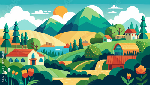 Picturesque countryside landscape with houses, fields, and lake in summer day
