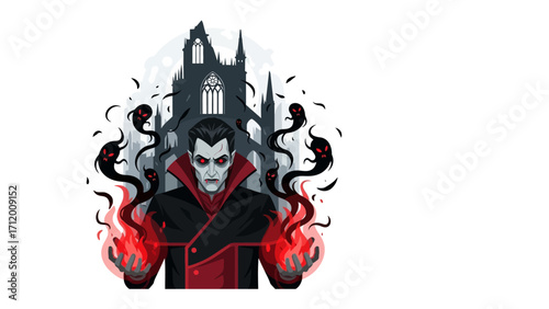 Darkest Hour: An imposing figure of the night, the vampire stands defiant before the gothic castle. A fusion of shadows and flames, embodies the thrill and allure of the night. 