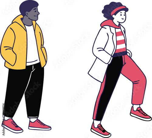 Modern diverse couple walking stylishly, expressing individuality and youthful energy with trendy casual outfits