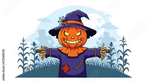 Spooky Scarecrow: An illustration of a menacing scarecrow with a pumpkin head, a cobweb, and an ominous sky, standing amid corn stalks. The artwork exudes the essence of Halloween.