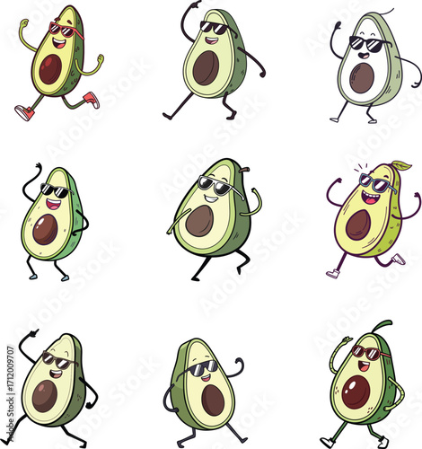 Whimsical avocado characters dancing and celebrating with playful energy, vector design for food lovers