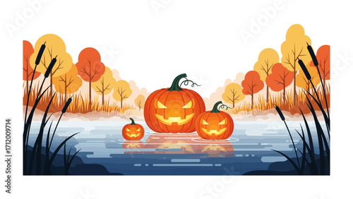 Spooky Pumpkins on Misty Lake: Three carved jack-o'-lanterns illuminate the foggy shores of a tranquil lake. Trees in fall foliage provide a dramatic backdrop to the eerie scene.