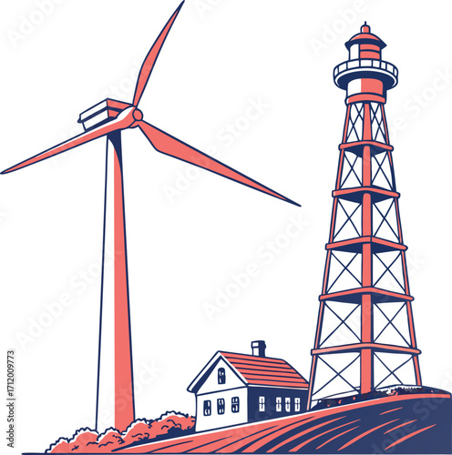 Sustainable energy future with wind turbine and lighthouse symbolizing progress and environmental consciousness