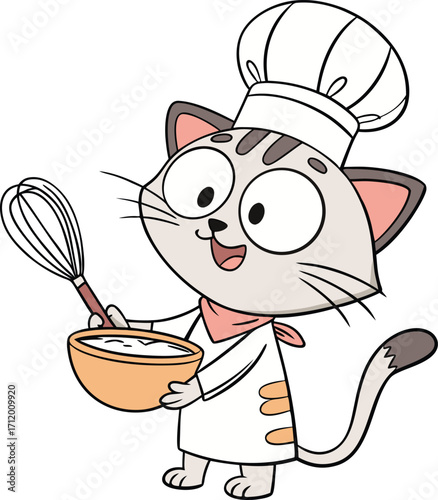 Adorable cat chef whipping batter with glee, perfect for baking blogs and cooking schools promotion