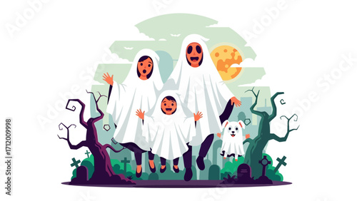 Spooky Family: A spirited family dressed in ghostly attire joyfully celebrates Halloween with a playful spirit, showcasing the fun of the festive season.