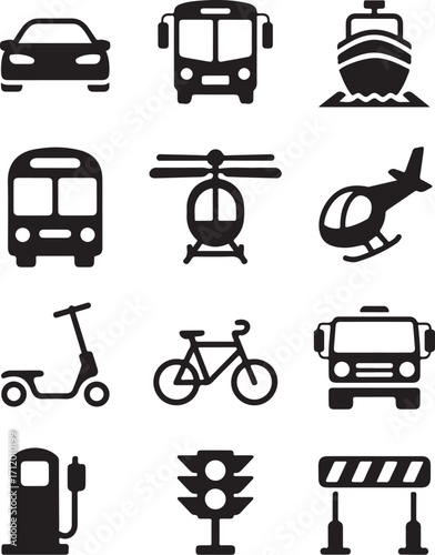 Diverse transport icons for modern travel and city life