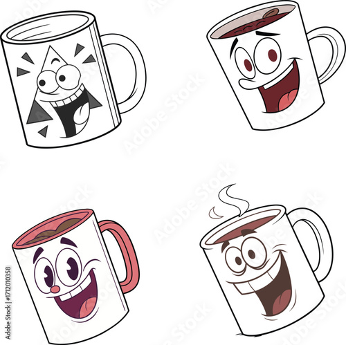 Delightful cartoon coffee mugs set to energize your designs with whimsical charm and joyful expressions