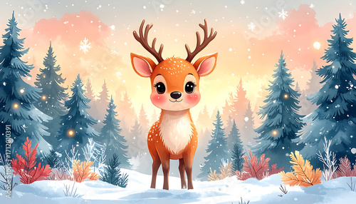 Cute pastel reindeer with rosy cheeks in snowy forest at sunrise