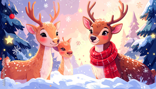 Cute pastel reindeer family in snowy forest, cozy festive mood