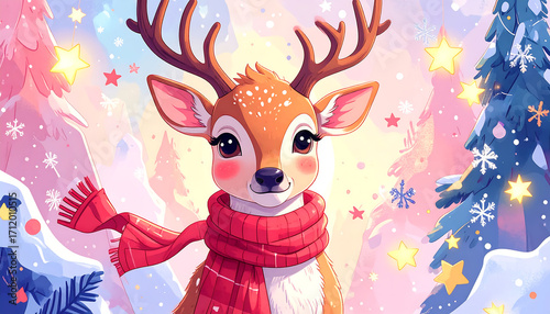 Cute pastel reindeer with rosy cheeks wearing red scarf