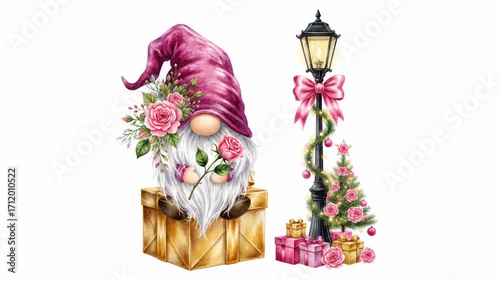 Gnome with long white beard and pink hat holding rose, sitting gold gift box beside vintage street lamp decorated with pink bow, small Christmas tree, and presents, festive and whimsical