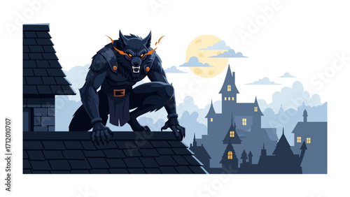 Urban Werewolf: A captivating digital illustration portrays a fierce werewolf perched atop a rooftop, silhouetted against a moonlit city, blending elements of horror and fantasy. 