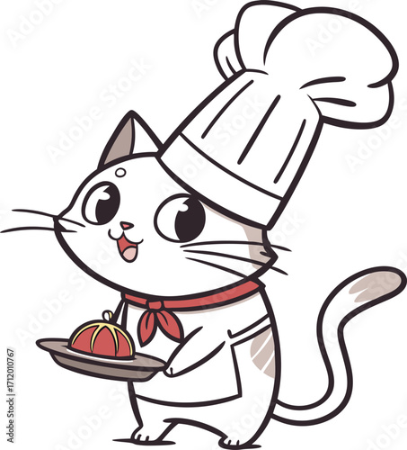 Adorable chef cat presenting delicious tomatoes perfect for food blogs or culinary promotions