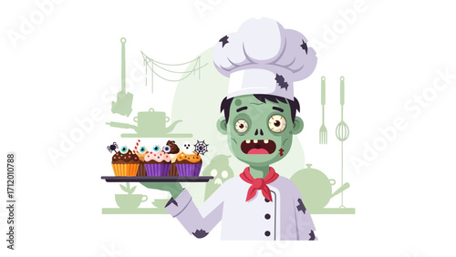 Zombie Chef's Spooky Treats: A unique cartoon depicts a zombie chef proudly presenting a tray of eerie Halloween cupcakes. It's a perfect image to enhance your spooky project