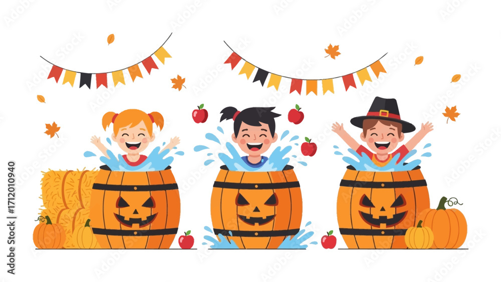 Naklejka premium Playful splash: Joyful children enjoy a delightful Halloween-themed water barrel ride, laughing and splashing amidst festive decorations.