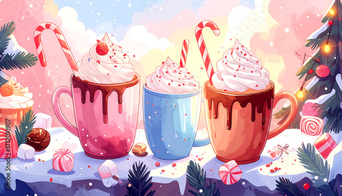 Pink mug blue mug chocolate drip whipped cream candy cane cozy