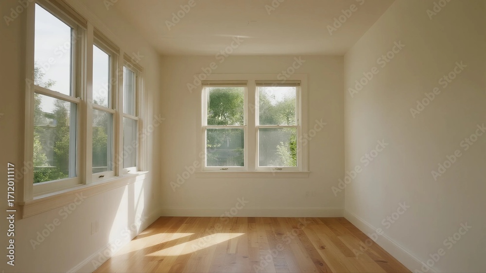 Fototapeta premium Bright and empty room with large windows and wooden floor