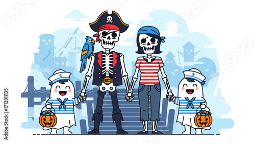 Halloween Family Portrait: A festive illustration showcases a spooky family dressed in pirate and sailor costumes, embracing the spirit of Halloween in a playful, cartoonish style.