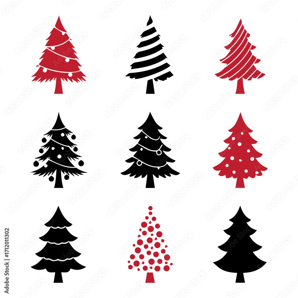 Obraz premium Christmas Tree Icons Set - Red and Black, Festive Holiday Tree Designs