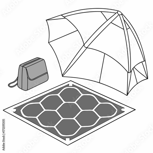 Illustration of a beach scene with an umbrella, bag, and solar panel mat, highlighting sustainable leisure and renewable energy for ecofriendly relaxation