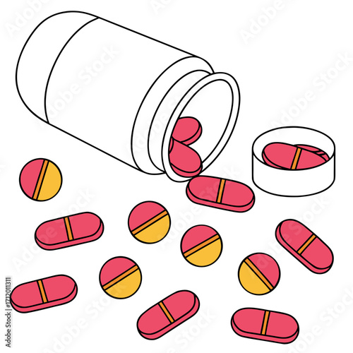 Illustration of a bottle of pills spilling onto a surface, the pills are a mix of round and capsule shapes, with a twotone color scheme of red and yellow