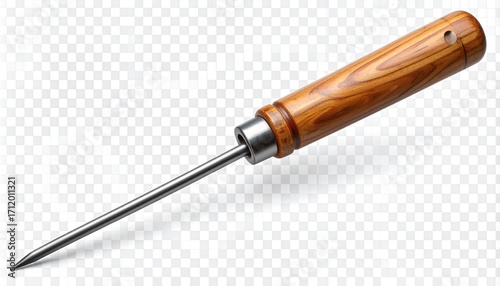 Wood-handled awl with sharp metal point on white surface — crafted precision, tactile heritage, symbolic utility.