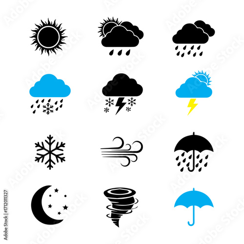 Weather Icons Set - Sun, Rain, Storm, Snow, Wind, and More, Weather Forecast Symbols