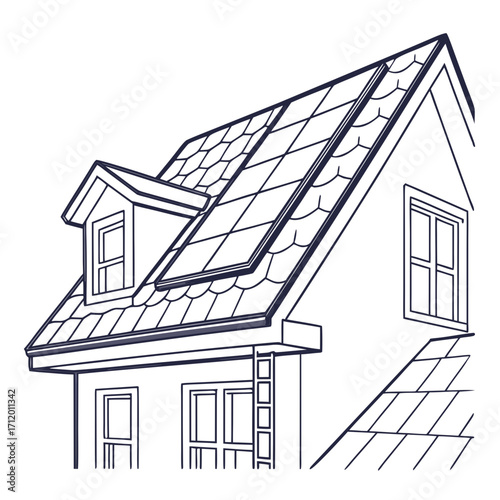 Illustration of a house roof with tiles and windows the roof is the top covering of a building, including all materials and constructions necessary