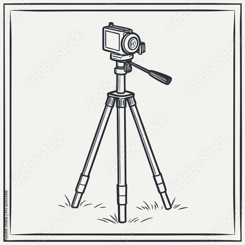 Illustration of a camera on a tripod, the camera is pointed forward, ready to capture a moment, representing photography and creativity